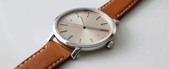 Vintage minimalist watch with light brown leather on a white background