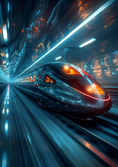 Fototapeta premium Futuristic high-speed train. Modern engineering and design. Sleek and aerodynamic, as it speeds along its elevated tracks. Design concept.