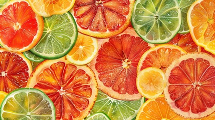Citrus fruit slices, seamless pattern, vivid background color, magazine cover ready, aerial perspective