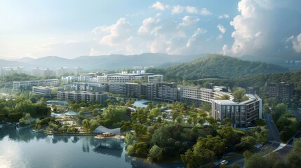 A serene panorama of a hospital campus nestled amidst a tranquil landscape, showcasing harmony between healthcare and nature. - Powered by Adobe