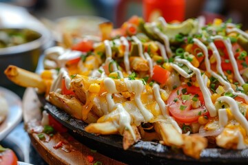 Loaded french fries with nacho cheese served outside on a summer day from a Mexican restaurant