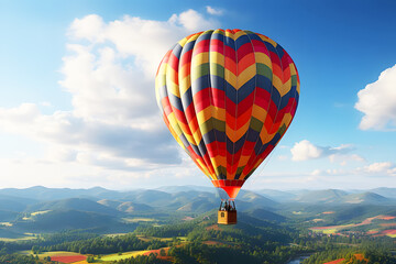 Fototapeta premium Landscape colorful hot air balloons flying over mountain on sky pale yellow evening sunlight with cloud, lake or sea in background. Tourist season that people want to travel.