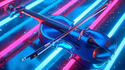 Classical violin under blue neon lights, 3D rendering, soft focus background, from above