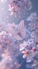 White butterfly flying on white cherry blossoms, soft pastel purple background,