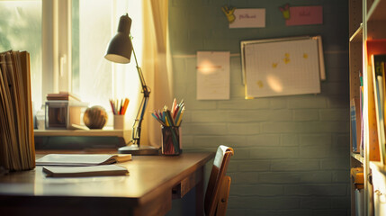 School supplies, books, backpack, pencils on the table, bright light from the window. Blurred background with space for text