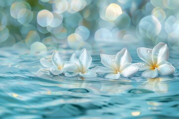 White frangipani flowers floating on the water, with water ripples and a blue background