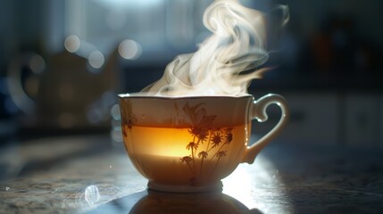 A steaming cup of chamomile tea, with a wisp of steam rising from the surface.