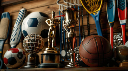 Shelf with sports awards, cups or medals, stand with sports equipment. Place for text