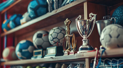 Shelf with sports awards, cups or medals, stand with sports equipment. Place for text