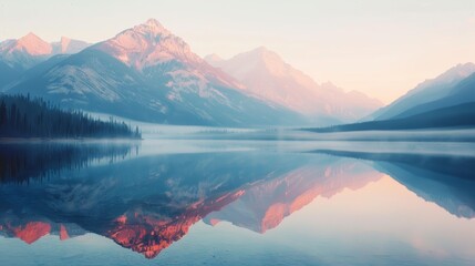 A stunning landscape photo of a mountain range reflected in a still lake, with a soft pastel color palette.
