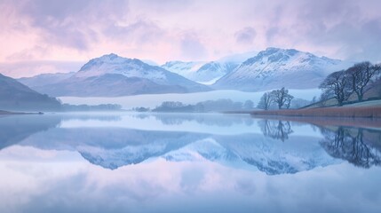 A stunning landscape photo of a mountain range reflected in a still lake, with a soft pastel color palette.