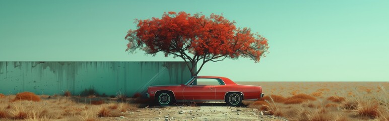 Panoramic header with imaginative landscape featuring a classic red car parked under a brightly colored tree, set against an expansive background with muted tones for a captivating contrast
