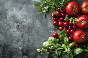 Top view banner with red tomatoes and basil, copy space