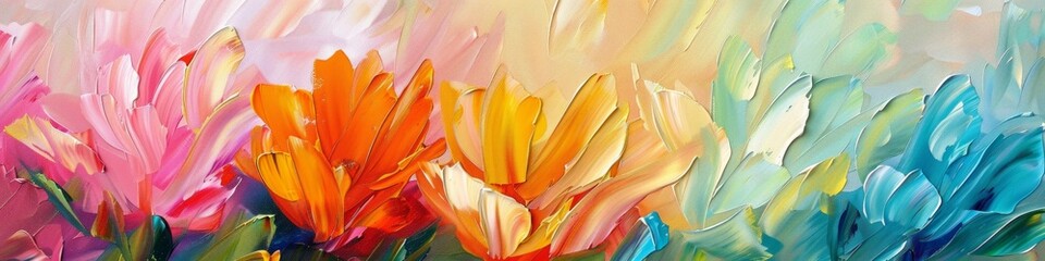 Panoramic Pastel Tulips in Impasto Painting Style