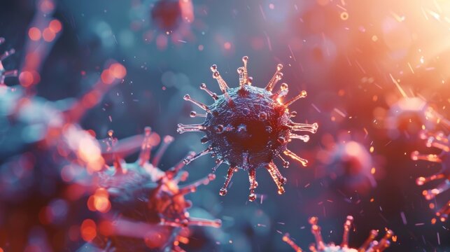 A detailed background featuring a virus particle with its complex structure, like a bacteriophage.