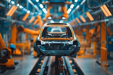 Automated Robot Factory Efficiently Produces Car Bodies on Extended Production Line in Large Facility. Concept Manufacturing, Robotics, Automation, Car Production, Large Facility, Efficiency