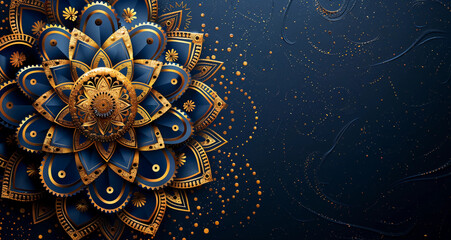 Bluish Golden Mandalas with complex Indian designs on a banner as wallpaper