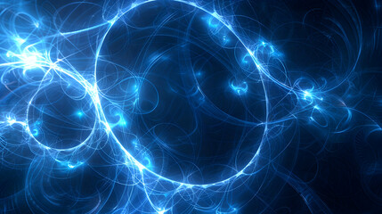 Obraz premium An HD photograph featuring a series of luminous, intersecting circles and polygons on a dark blue background, illustrating organized chaos through sophisticated camera settings