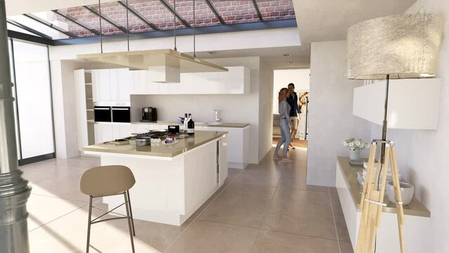 Beautiful industrial style kitchen with skylight, 3D render
