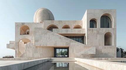 The modern architecture of the Museum Arts. Sunlight in classic gothic architecture interior 3d render. smooth lines of building architecture. Minimal Architecture with a 70s Vibe Futuristic Nostalgia