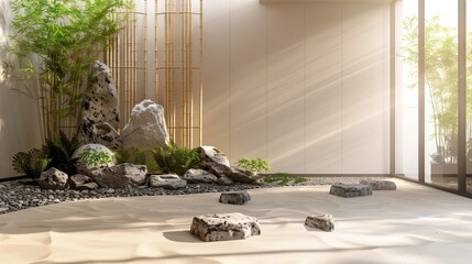 A minimalist meditation space with a rock garden and bamboo accents 32k, full ultra hd, high...