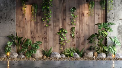 Indoor Green Wall with Wooden Backdrop and Lights