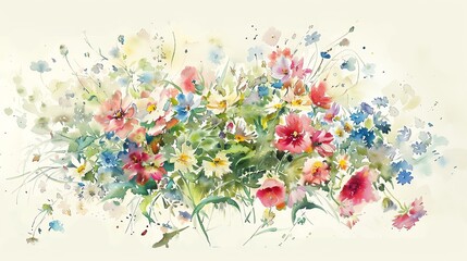 English garden flowers, watercolor illustration, gentle colors, scattered arrangement, overhead view
