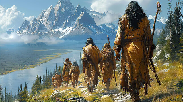 Group of neanderthal people walking by river