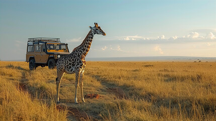 Giraffe stay in front of safari car, Africa landscape 