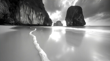 Beautiful minimalistic landscape of Thailand bay with tall rocks, morning fog and reflections