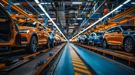 Car production line with cars in the assembly stage, blue and orange colors