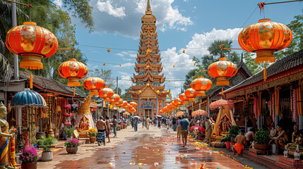 Thailand festival celebration, street decorated with lanterns and flags with  Buddhist temple at the background - obrazy, fototapety, plakaty