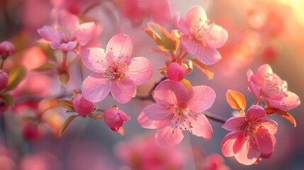 Tree branch with pink petals carrying small flowers in spring. Pink petals of small flower on tree branch. Tree in bloom in spring.