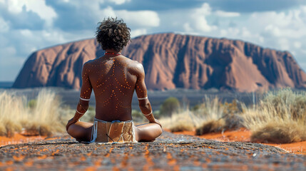 Aboriginal men of Australia praying,  sacred mountain inspired by Uluru at the background 