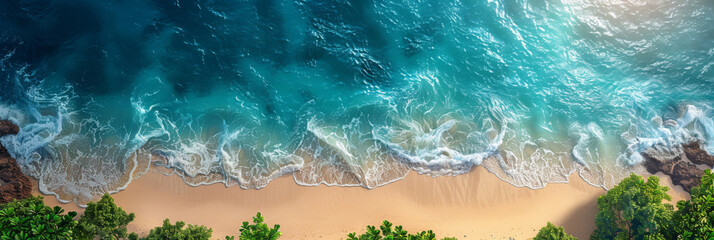 Beautiful summer landscape, panoramic background. Aerial view of beach and ocean waves. Vacation season