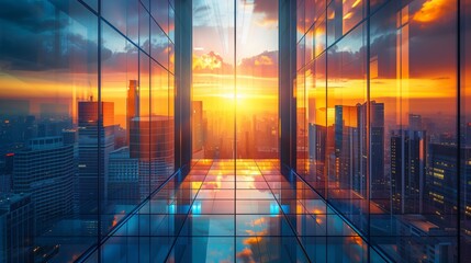 Abstract business background with a modern city skyline and glass windows at sunset.