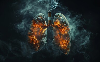 A pair of realistic human lungs sitting on an orange background with two cigarettes laying across the lungs.