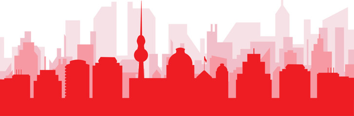 Red panoramic city skyline poster with reddish misty transparent background buildings of BERLIN, GERMANY