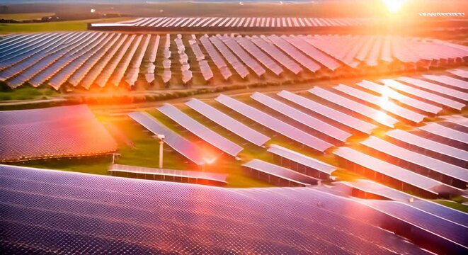 energy farm of solar panels producing green energy close up, green renewable energy concept