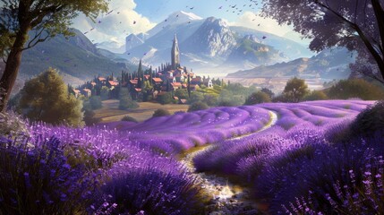 A winding path meandering through a purple lavender field, leading to a charming village in the distance