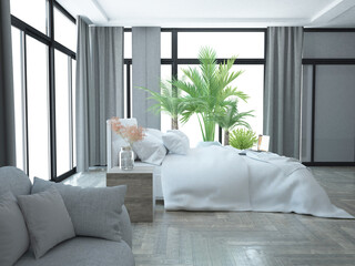 Duża nowoczesna minimalistyczna luksusowa sypialnia z dużym łóżkiem i wieloma roślinami w doniczkach