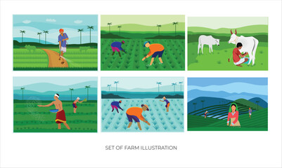 Group of farm illustration with villagers - obrazy, fototapety, plakaty