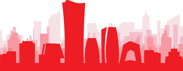 Red panoramic city skyline poster with reddish misty transparent background buildings of BEIJING, CHINA