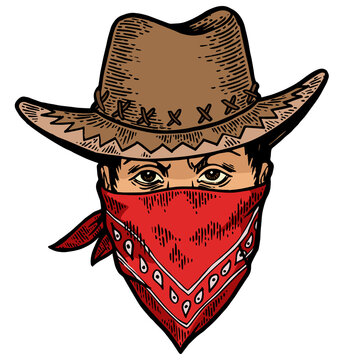 Cowboy head in bandit gangster mask bandana color sketch line art engraving PNG illustration. Scratch board style imitation. Hand drawn image.