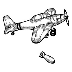Bomber plane drops bomb sketch engraving PNG illustration. Scratch board style imitation. Hand drawn image. © Oleksandr Pokusai