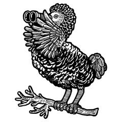 Cartoon Dodo bird watching through binocular sketch engraving PNG illustration. Scratch board style imitation. Hand drawn image. © Oleksandr Pokusai
