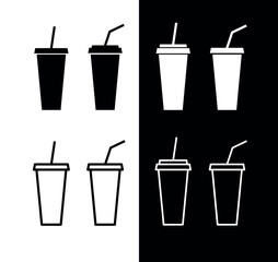 Collection of icons of a glass with a straw for a cold drink. Fast food or cafe symbol. Cold drink, lemonade or cola designation for menu.