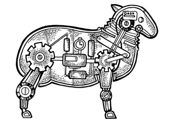 Mechanical sheep ewe animal sketch engraving PNG illustration. Scratch board style imitation. Black and white hand drawn image.