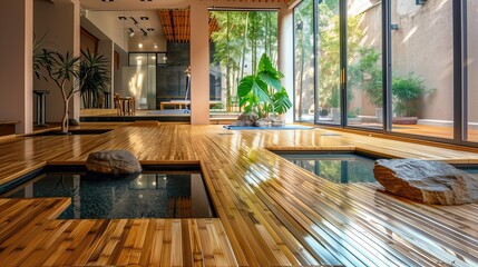 A serene yoga studio with bamboo floors and a tranquil water feature 32k, full ultra hd, high resolution