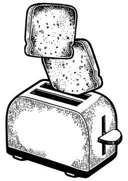 recommend clip art: Toaster with flying out bread toast crouton sketch engraving PNG illustration. Scratch board style imitation. Black and white hand drawn image.